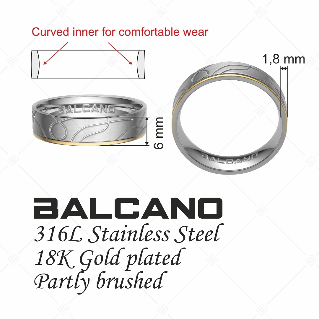 BALCANO - Linea / Nemesacél karikagyűrű mintás, matt csiszolással és 18K arany bevonattal (030027ZY99)