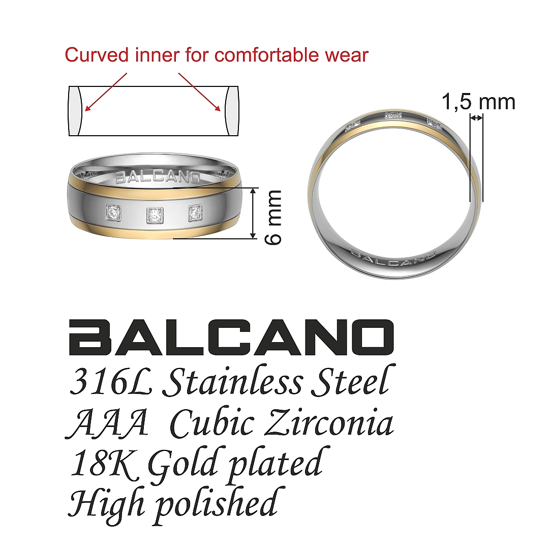 BALCANO - Camino / Nemesacél karikagyűrű 18K arany bevonattal és cirkónia drágakövekkel (030032ZY00)