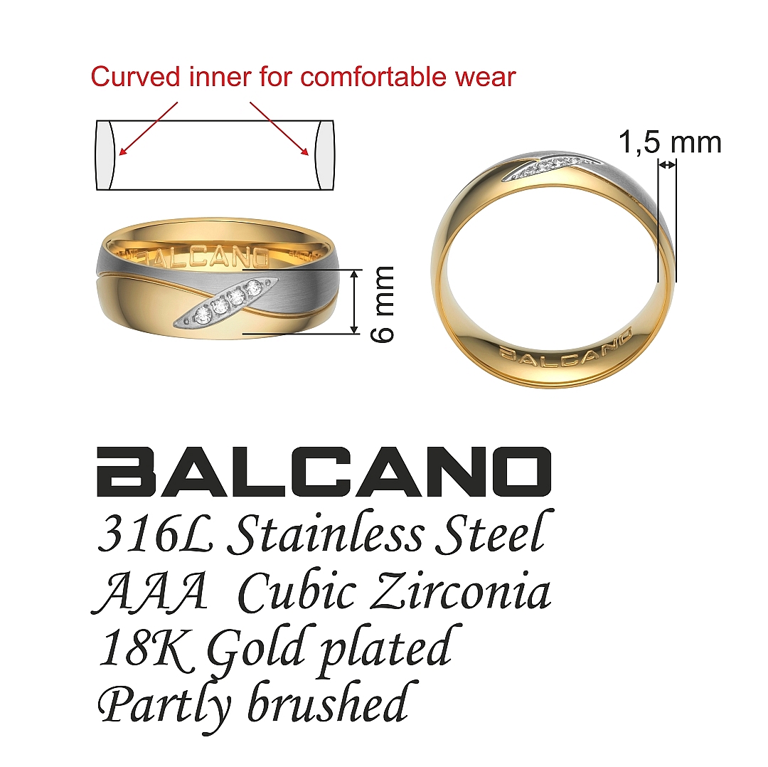 BALCANO - Unda / Nemesacél karikagyűrű 18K arany bevonattal és cirkónia drágakövekkel (030036ZY00)