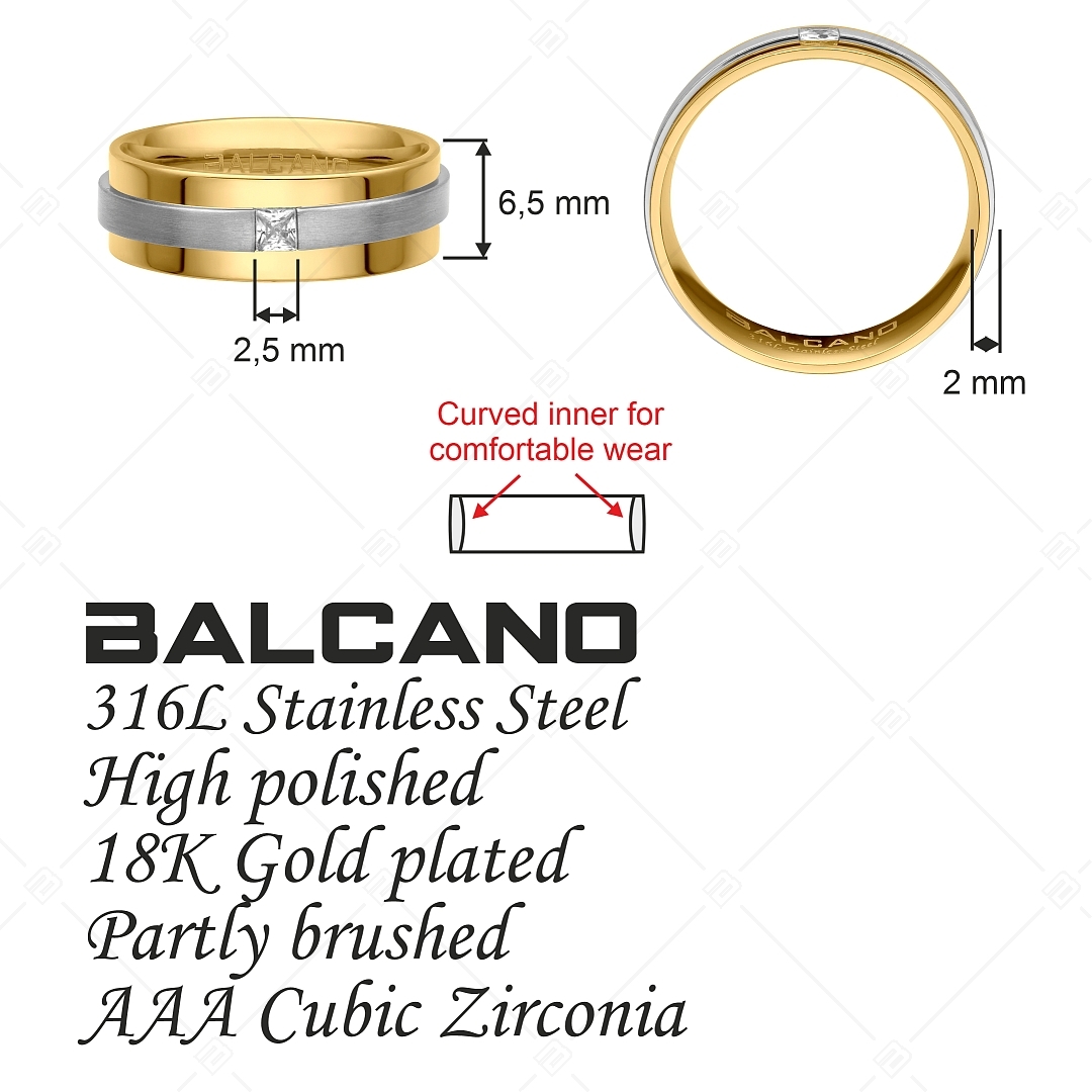 BALCANO - Kris / Nemesacél karikagyűrű 18K arany bevonattal, mattított csiszolású övvel és cirkónia drágakővel (030042ZY00)
