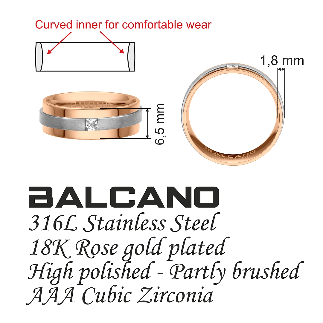 BALCANO - Kris / Nemesacél karikagyűrű 18K rozé arany bevonattal, mattított csiszolású övvel és cirkónia drágakővel (030043ZY00)