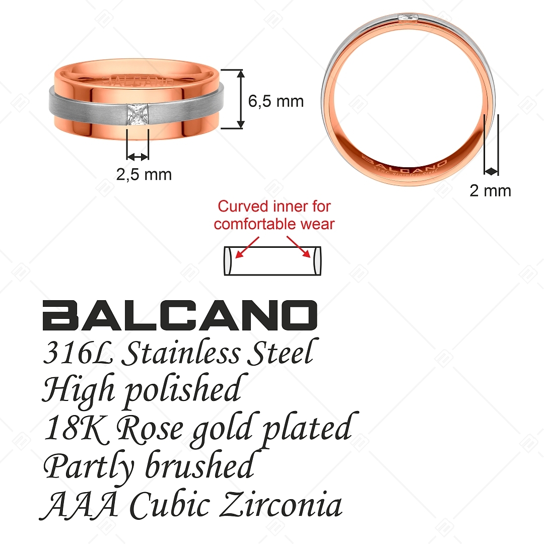 BALCANO - Kris / Nemesacél karikagyűrű 18K rozé arany bevonattal, mattított csiszolású övvel és cirkónia drágakővel (030043ZY00)