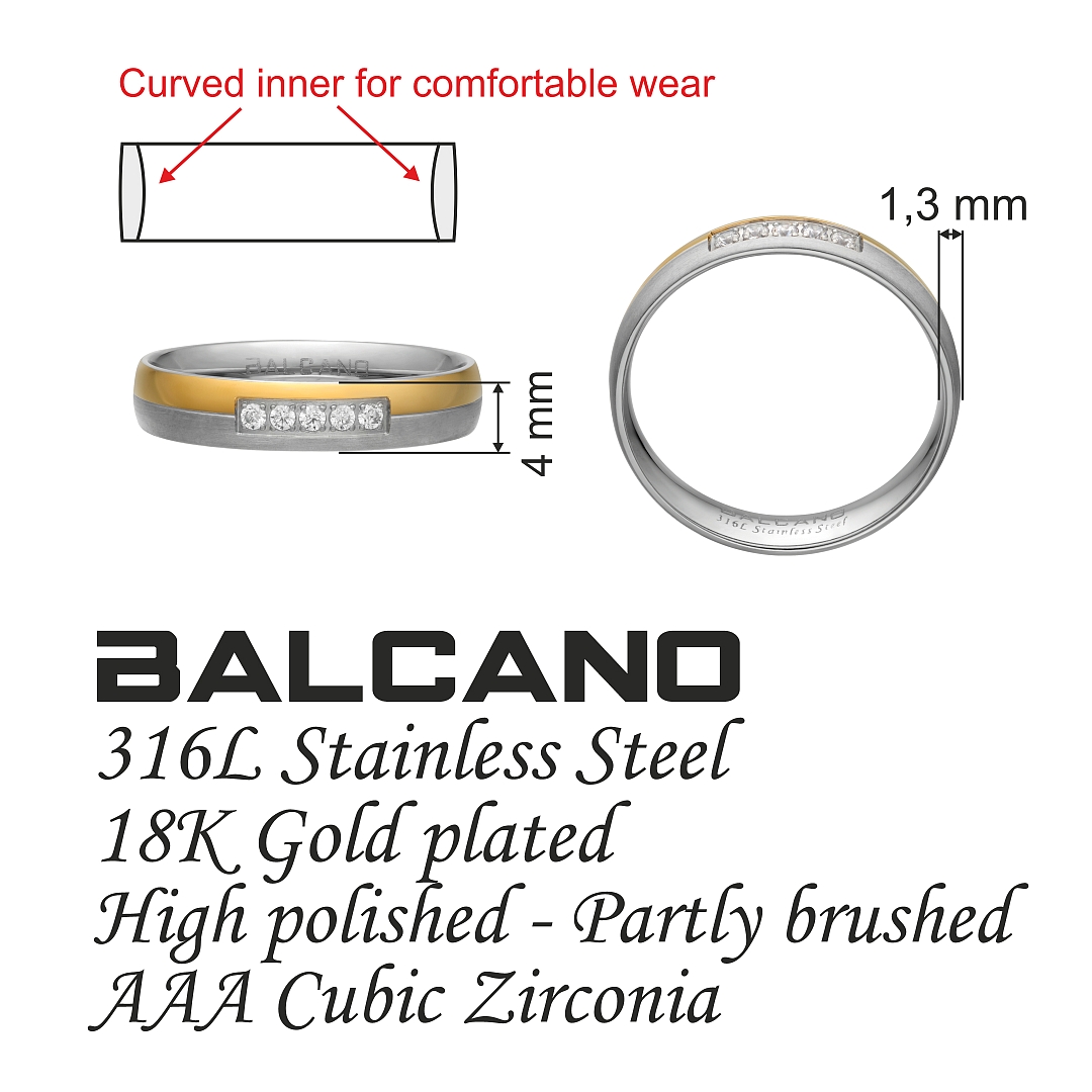 BALCANO - Eclipse / Nemesacél karikagyűrű cirkónia drágakövekkel, 18K arany bevonattal (030052ZY00)