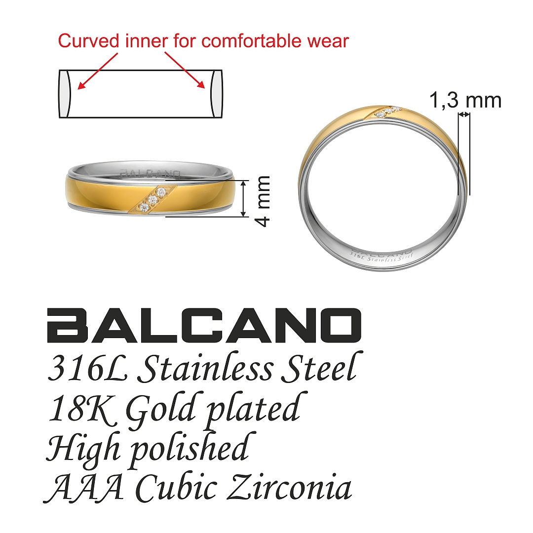BALCANO - Trinity / Nemesacél karikagyűrű cirkónia drágakövekkel, 18K arany bevonattal (030054ZY00)