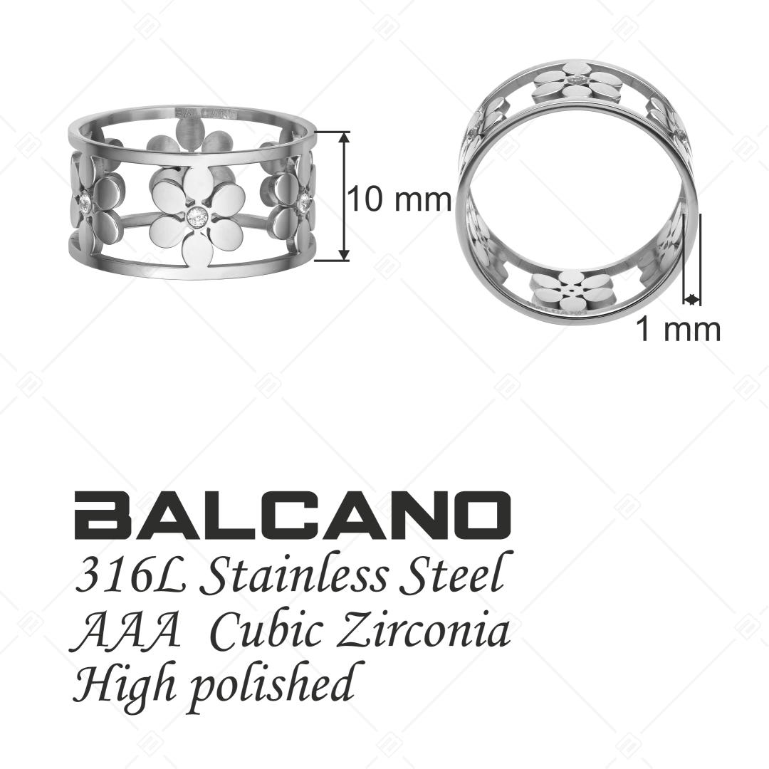 BALCANO - Clarissa / Áttört virágmintás, polírozott nemesacél gyűrű cirkónia drágakövekkel (041202BC97)