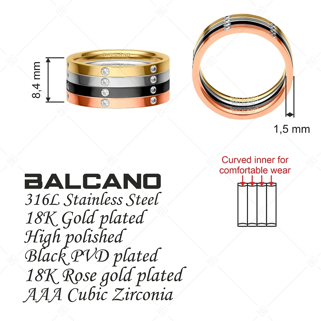 BALCANO - Six / Nemesacél gyűrű cirkónia drágakővel, négy szín egyben (041213BC99)