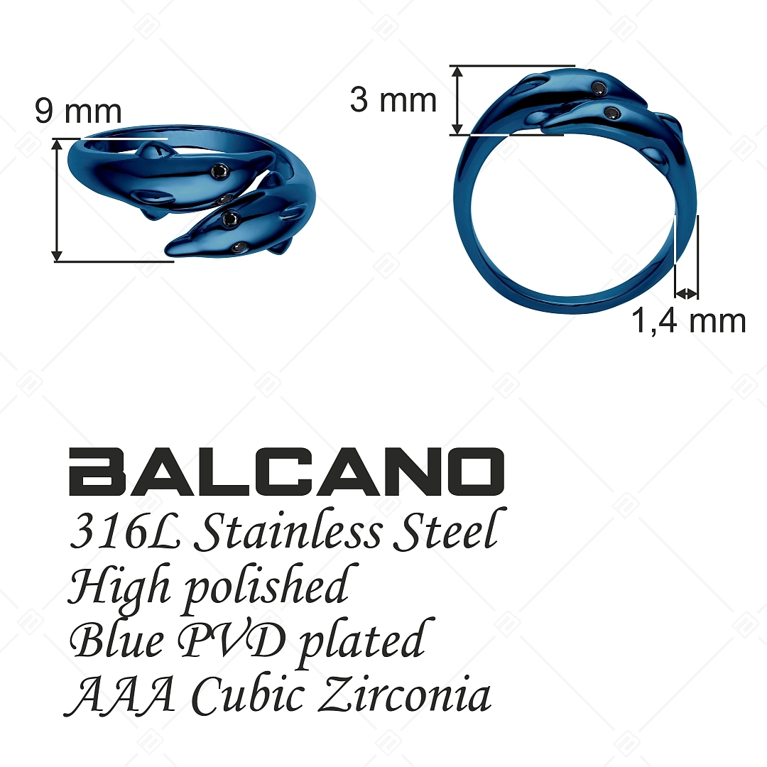 BALCANO - Dolphin / Delfin alakú gyűrű cirkónia szemekkel, kék titánium bevonattal (041220BC44)