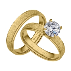 BALCANO - Cornelia / Egyedi csillám csiszolású nemesacél gyűrű pár 18K arany bevonattal és nagy cirkónia drágakővel