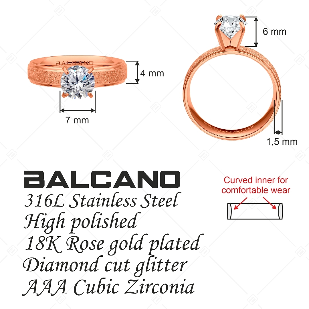 BALCANO - Cornelia / Egyedi csillám csiszolású nemesacél gyűrű pár 18K rozé arany bevonattal és nagy cirkónia drágakővel (041223BC96)