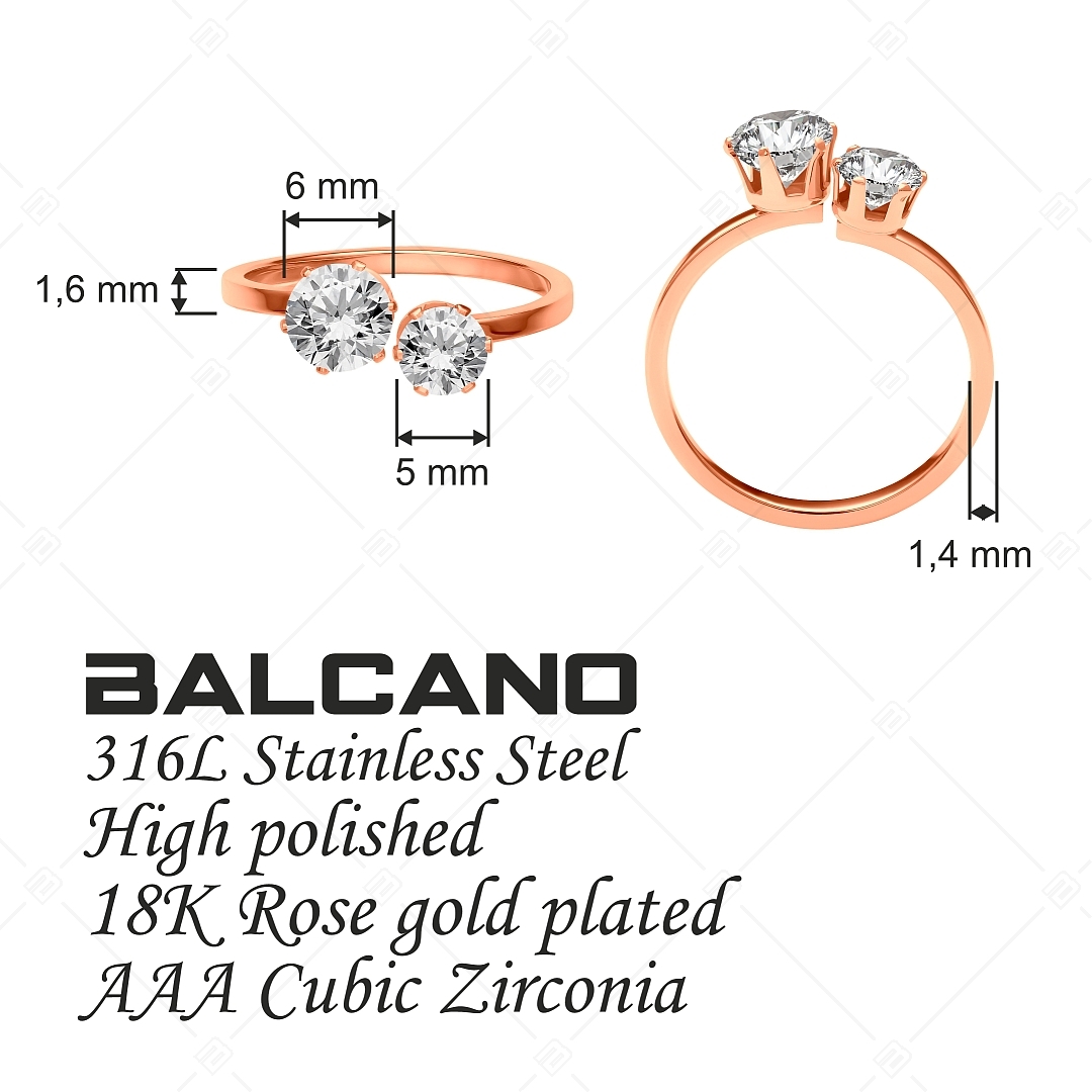 BALCANO - Lux / Nemesacél gyűrű, két kerek cirkónia drágakővel, 18K rozé arany bevonattal (041224BC96)