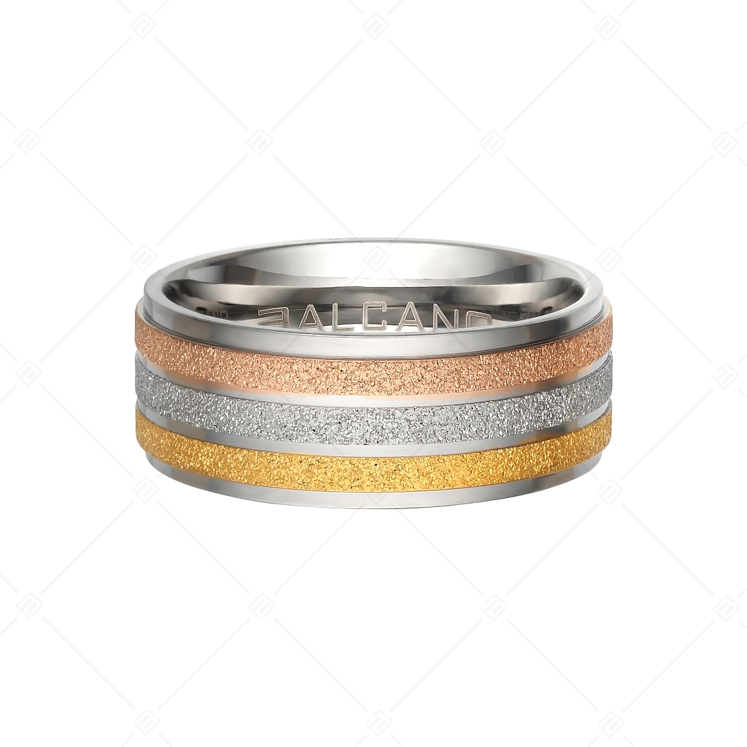 BALCANO - Tricolor / Csillám csiszolású nemesacél gyűrű háromszínű sávval, 18K arany és rozé arany bevonattal (041228BC99)