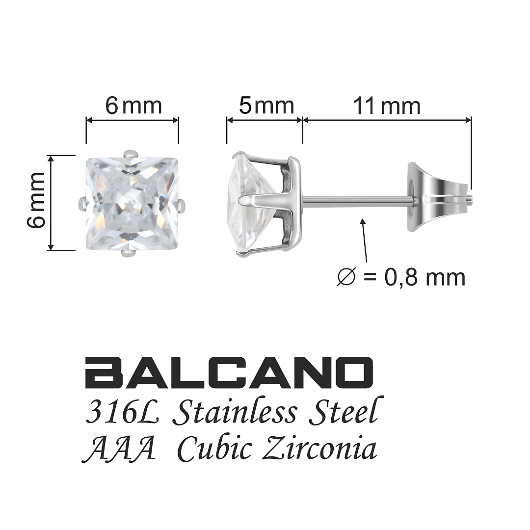 BALCANO - Frizzante / Négyzet alakú cirkónia drágaköves fülbevaló 12 db-os csomag - 6 mm (112082DT06)