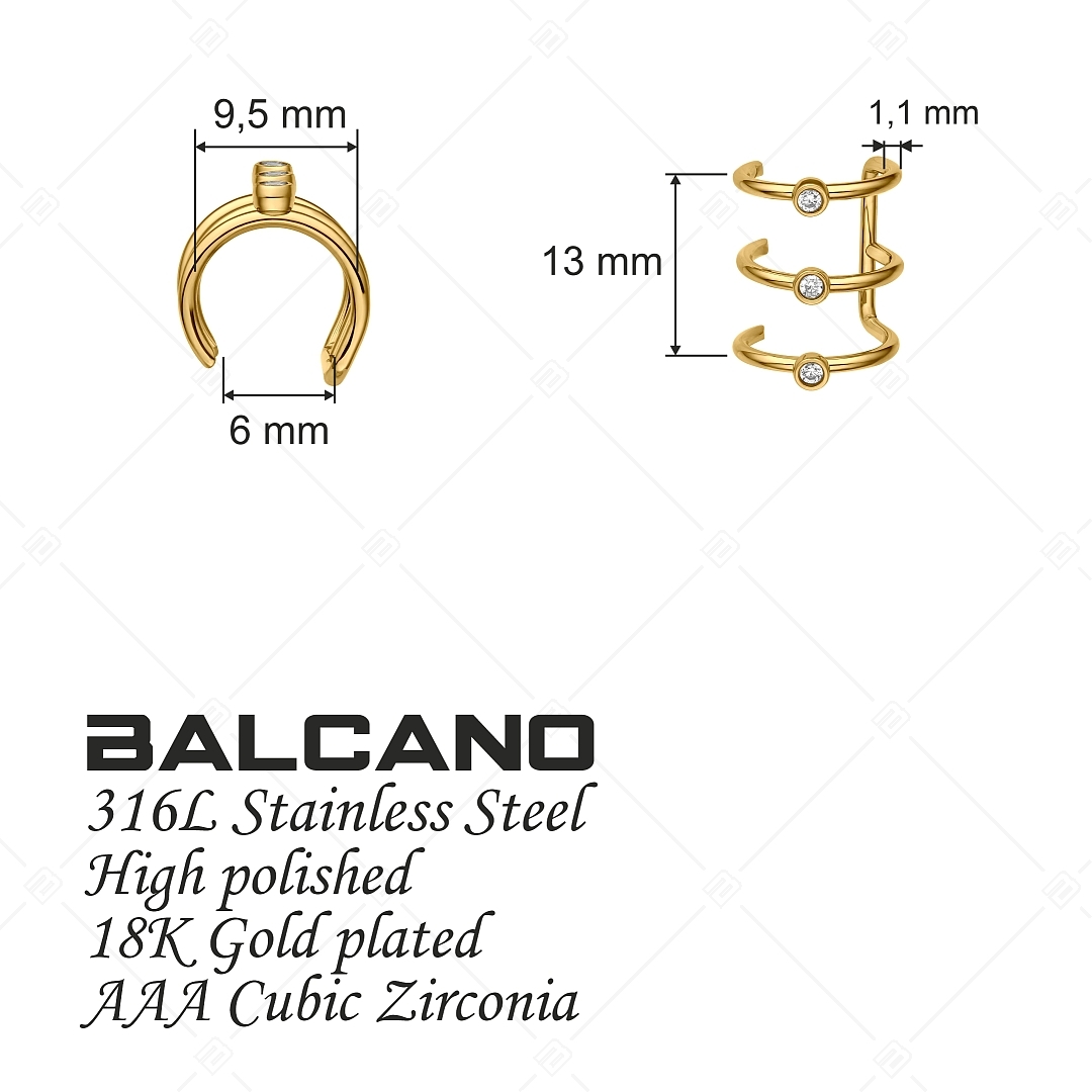 BALCANO - Toru / Tripla nemesacél fülgyűrű cirkónia drágakövekkel és 18K arany bevonattal (141284BC88)