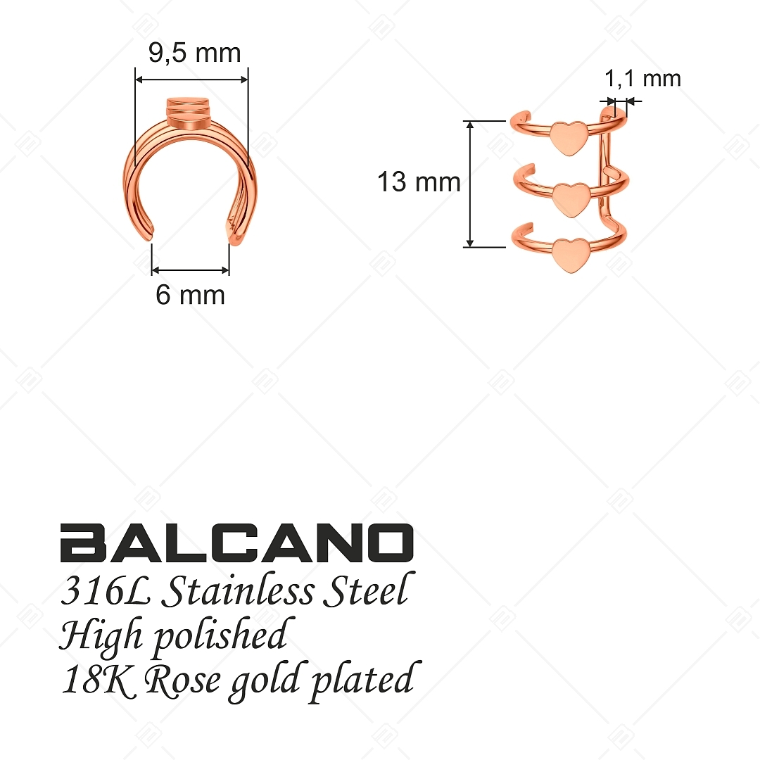 BALCANO - Toru / Tripla nemesacél fülgyűrű szívekkel és 18K rozé arany bevonattal (141285BC96)