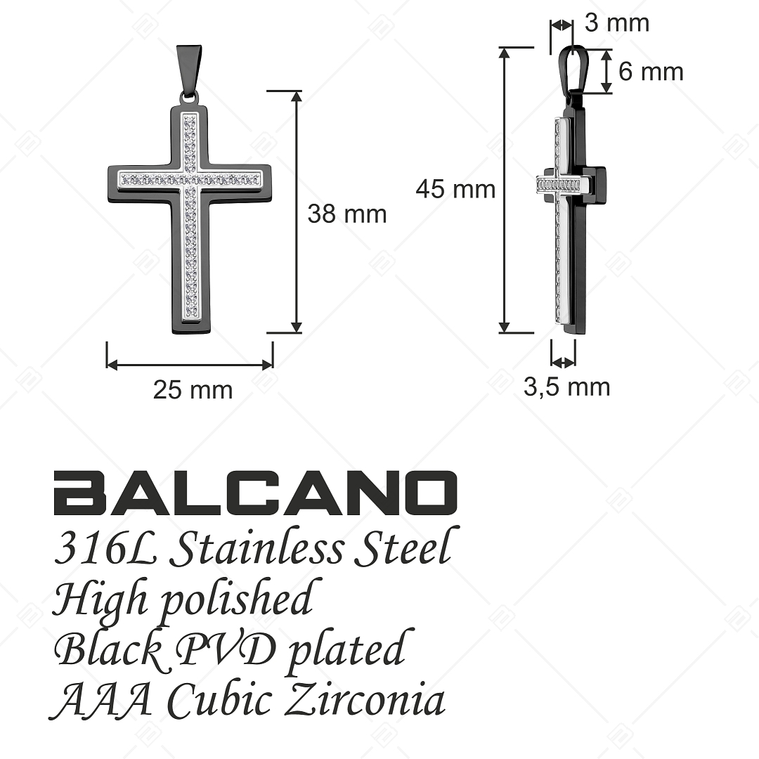 BALCANO - Crux / Kereszt alakú medál cirkónia drágakövekkel, fekete PVD bevonattal (242212BC11)