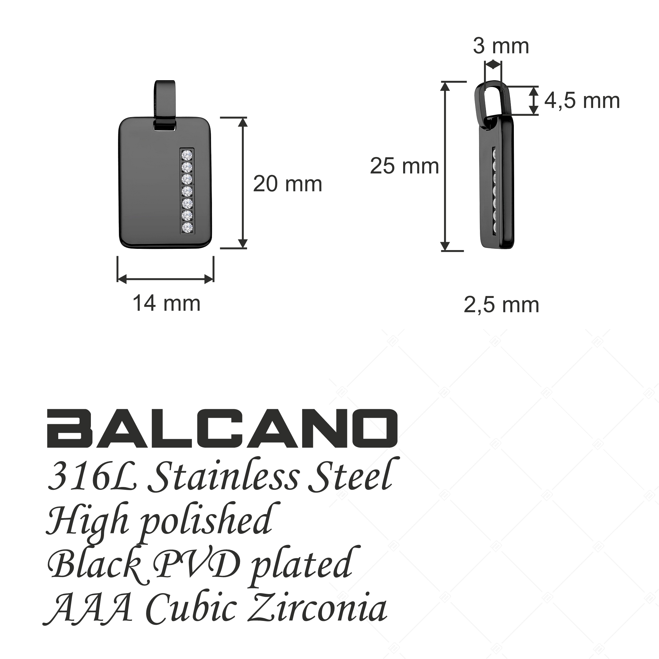 BALCANO - Brick / Téglalap alakú medál, cirkónia drágakövekkel, fekete PVD bevonattal (242213BC11)