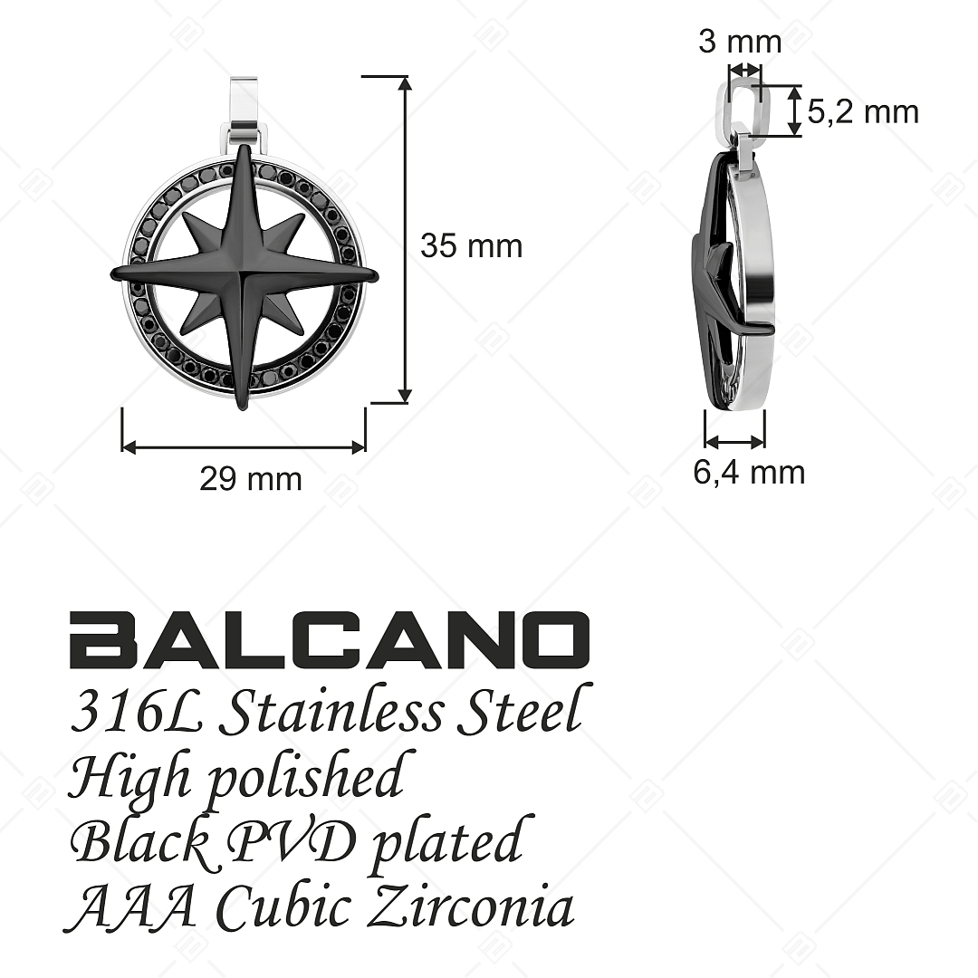 BALCANO - Captain / Nemeesacél iránytű medál cirkónia drágakövekkel, fekete PVD bevonattal (242280BC11)