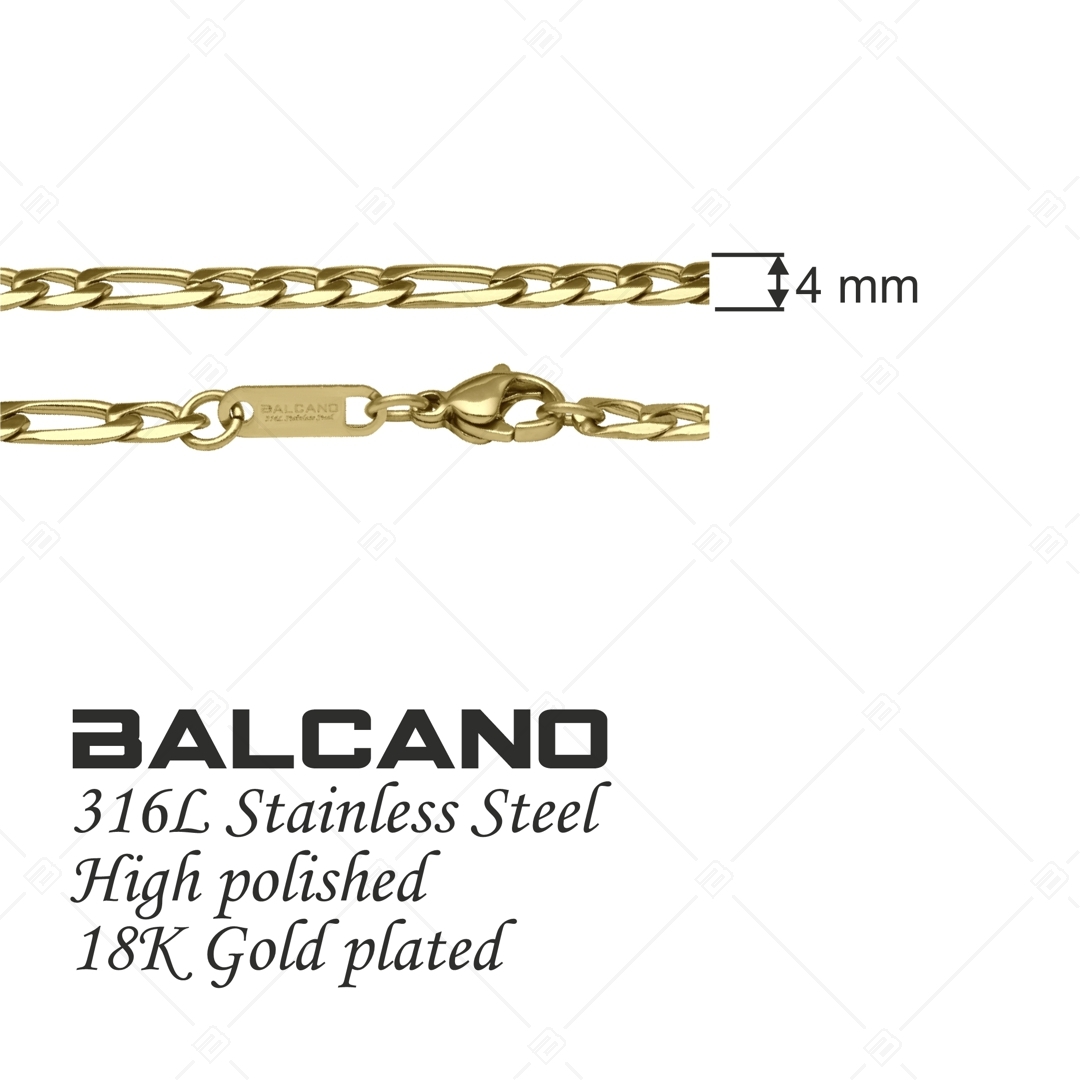 BALCANO - Figaro / Nemesacél figaró 3+1 szemes nyaklánc, 18K arany bevonattal - 4 mm (341417BC88)
