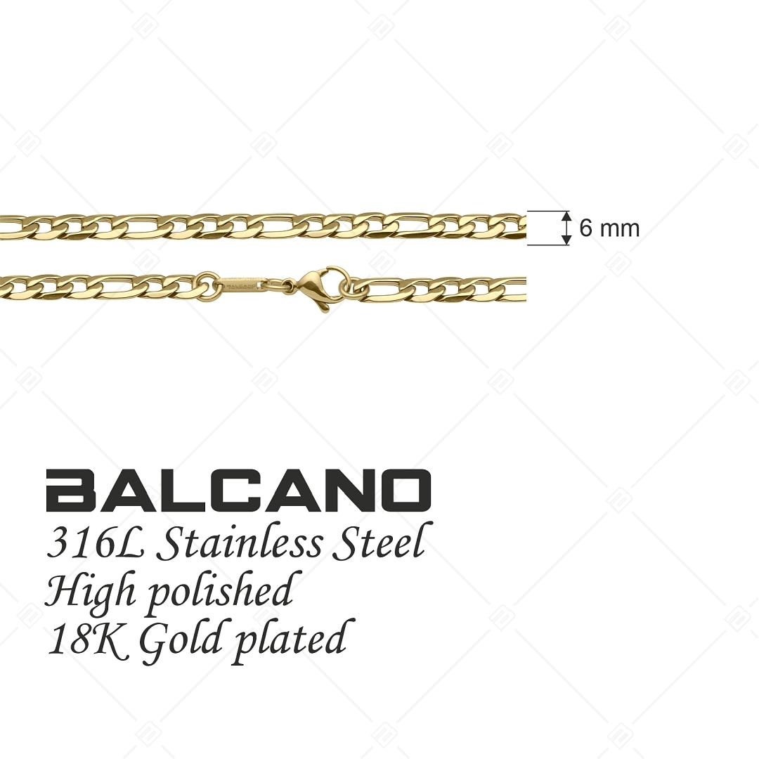 BALCANO - Figaro / Nemesacél figaró 3+1 szemes nyaklánc, 18K arany bevonattal - 6 mm (341418BC88)