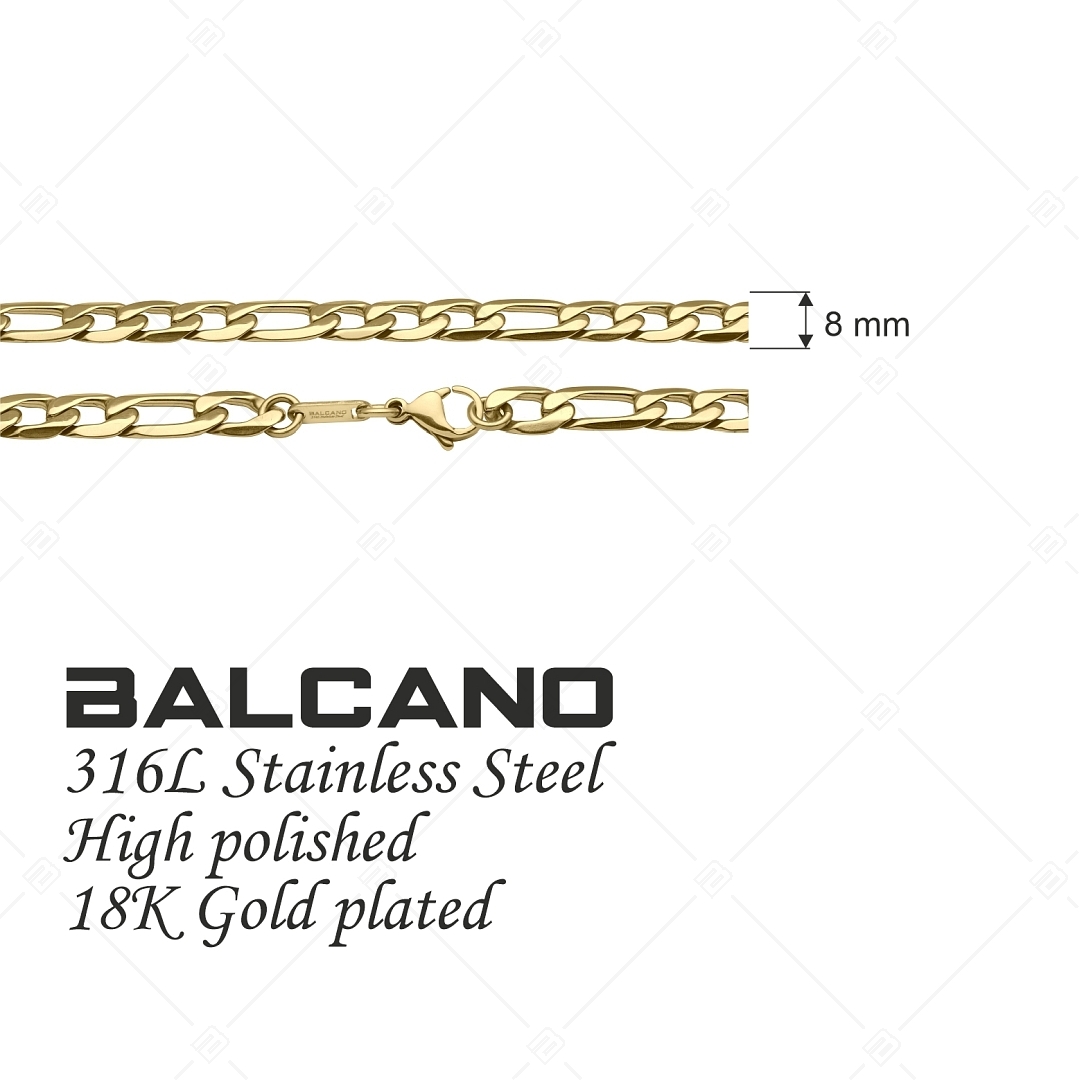 BALCANO - Figaro / Nemesacél figaró 3+1 szemes nyaklánc, 18K arany bevonattal - 8 mm (341419BC88)