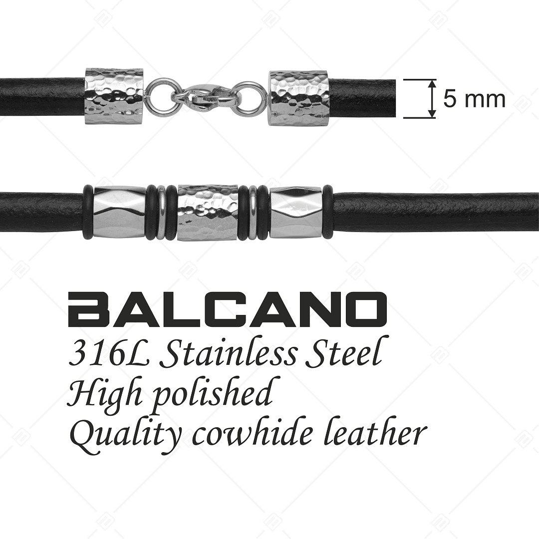 BALCANO - Battuto / Bőr nyaklánc henger alakú kalapált nemesacél díszekkel (342003BL99)