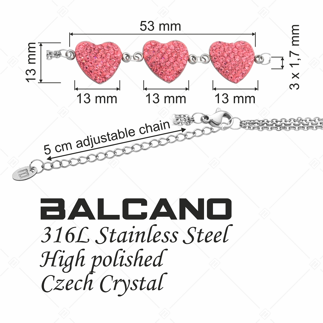 BALCANO - Cuore / Háromsoros nemesacél lánc karkötő szív alakú kristály charmokkal (441005BC86)