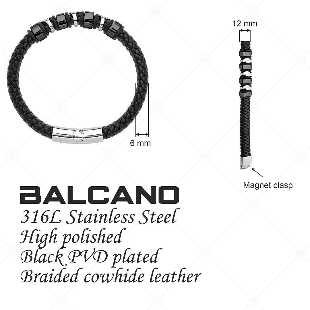 BALCANO - Hunter / Fonott marhabőr karkötő több részes nemesacél fejrésszel és fekete PVD bevonattal (441471BL11)