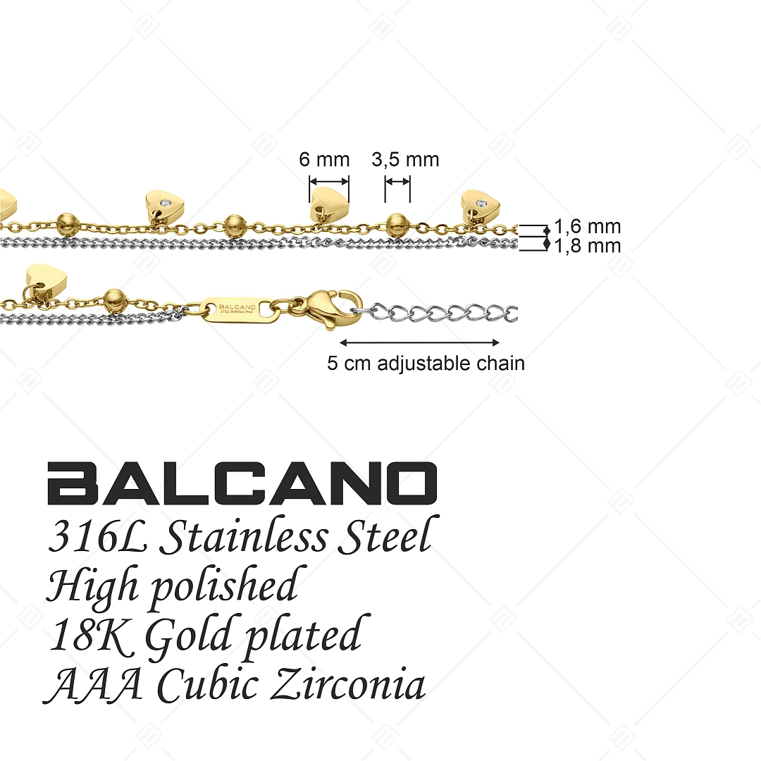 BALCANO - Calon / Nemesacél karkötő szívekkel, gömbökkel, cirkónia kristályokkal és 18K arany bevonattal (441477BC88)