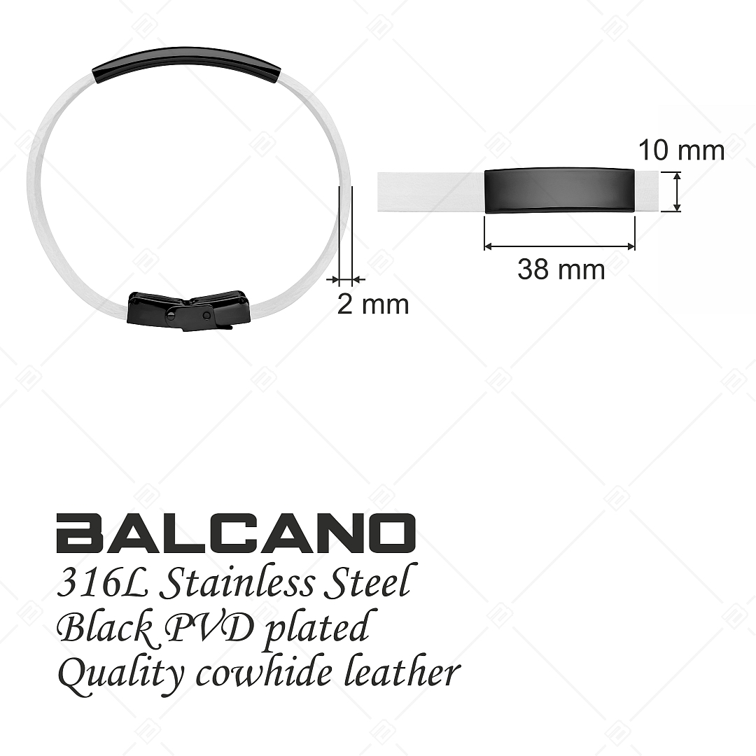 BALCANO - Fehér bőr karkötő, gravírozható, téglalap alakú fekete PVD bevonatú nemesacél fejrésszel (551011LT00)