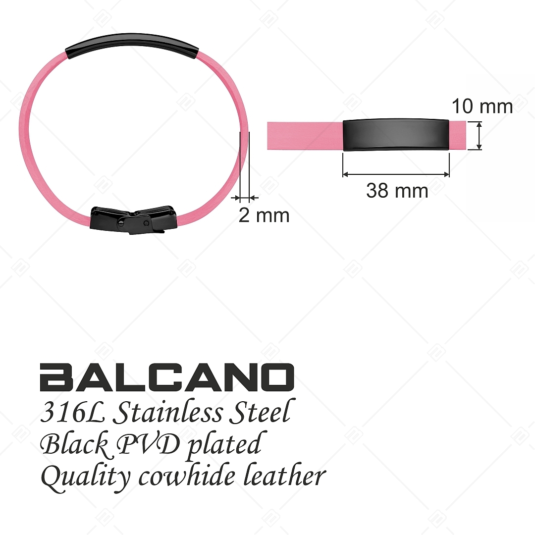 BALCANO - Rózsaszínű bőr karkötő, gravírozható, téglalap alakú fekete PVD bevonatú nemesacél fejrésszel (551011LT28)