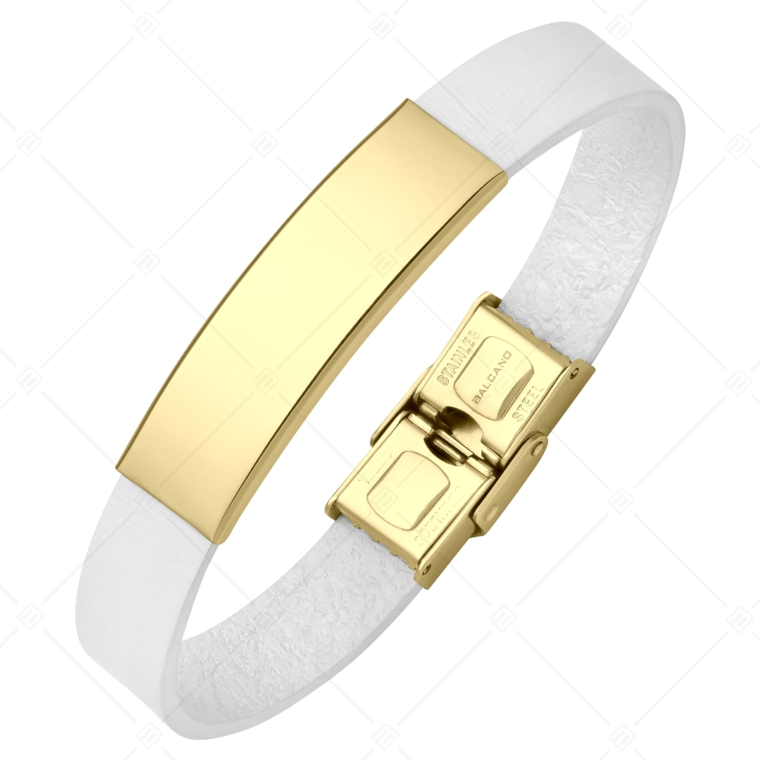 BALCANO - Fehér színű bőr karkötő, gravírozható, téglalap alakú 18K arany bevonatú nemesacél fejrésszel (551088LT00)