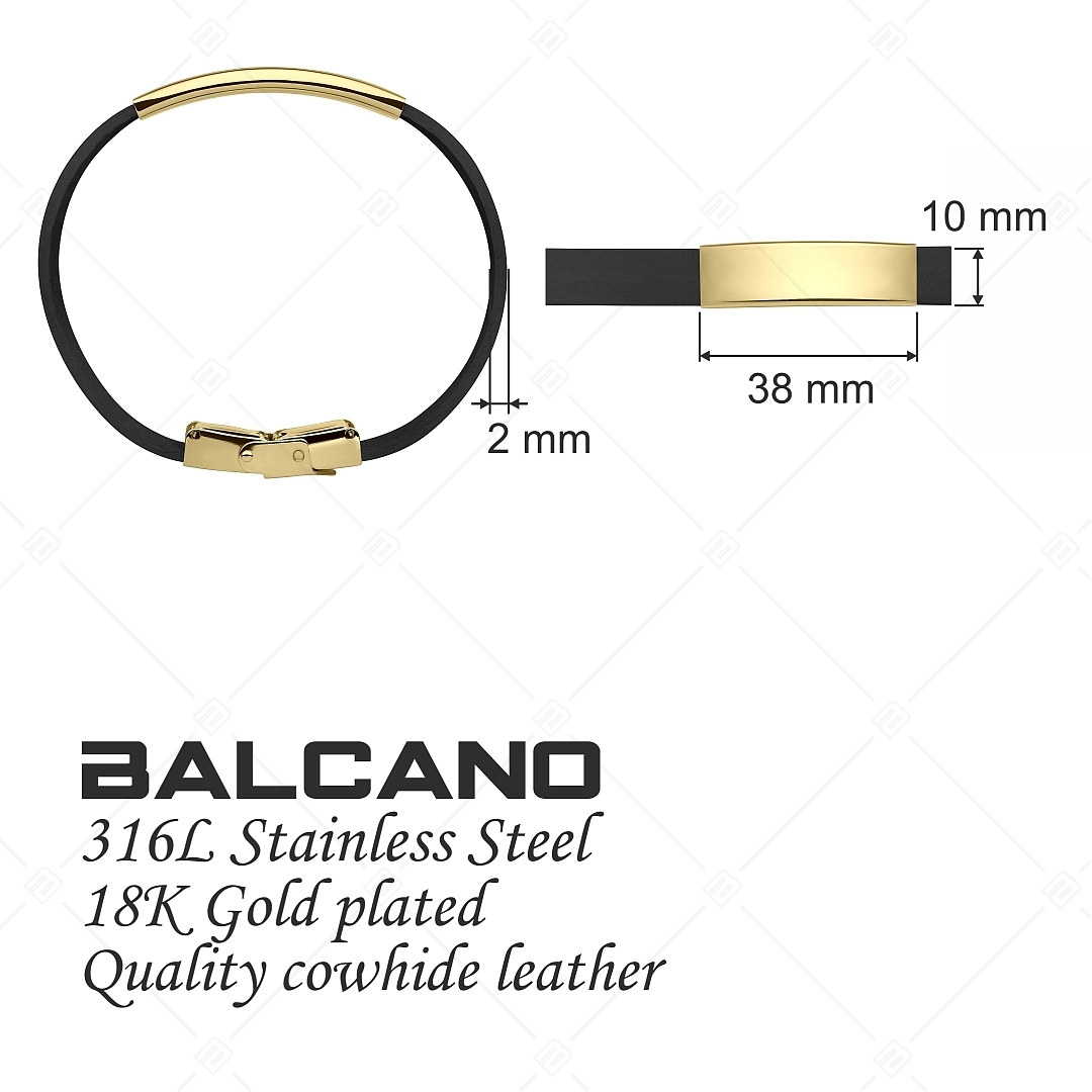 BALCANO - Fekete színű bőr karkötő, gravírozható, téglalap alakú 18K arany bevonatú nemesacél fejrésszel (551088LT11)