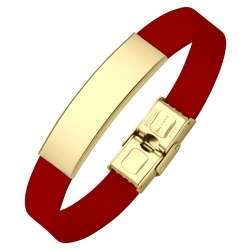 BALCANO - Piros színű bőr karkötő, gravírozható, téglalap alakú 18K arany bevonatú nemesacél fejrésszel