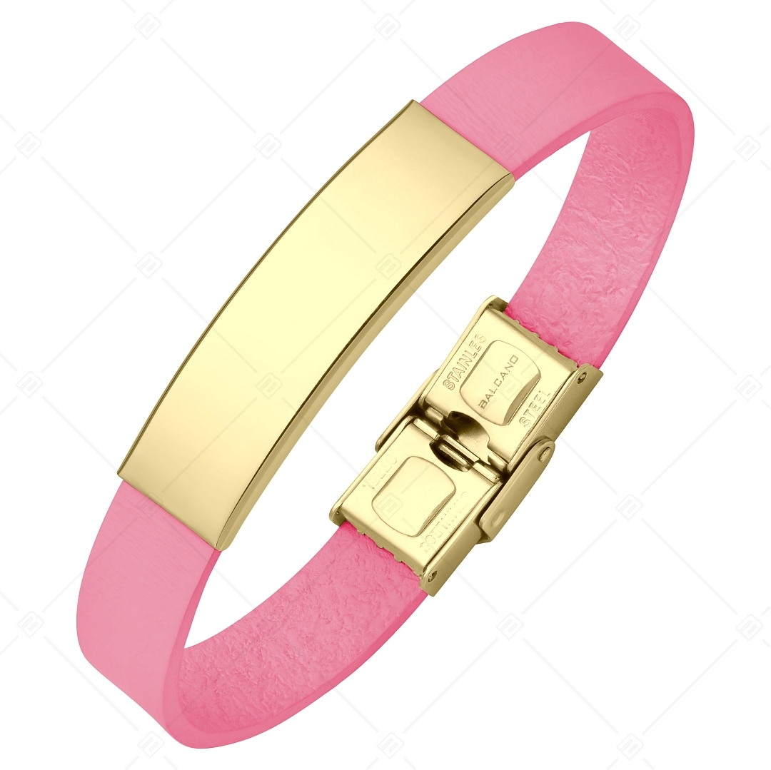 BALCANO - Rózsaszínű bőr karkötő, gravírozható, téglalap alakú 18K arany bevonatú nemesacél fejrésszel