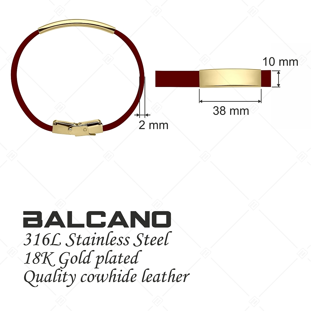 BALCANO - Bordó színű bőr karkötő, gravírozható, téglalap alakú 18K arany bevonatú nemesacél fejrésszel (551088LT29)