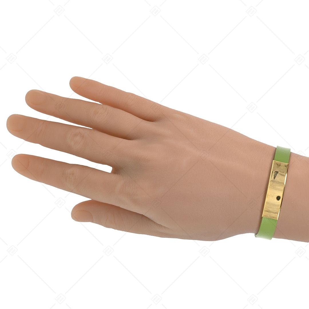 BALCANO - Zöld színű bőr karkötő, gravírozható, téglalap alakú 18K arany bevonatú nemesacél fejrésszel (551088LT38)