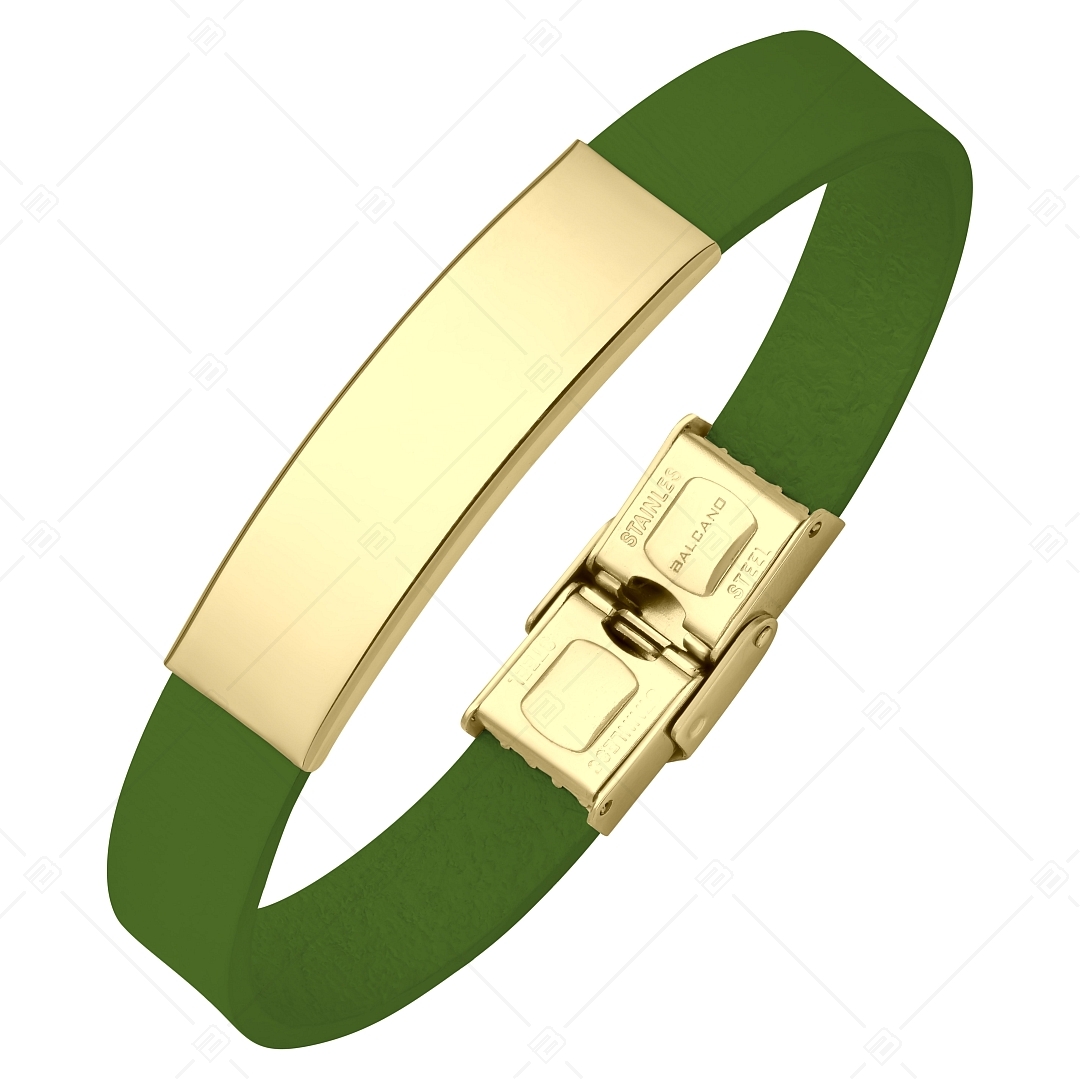 BALCANO - Zöld színű bőr karkötő, gravírozható, téglalap alakú 18K arany bevonatú nemesacél fejrésszel (551088LT38)