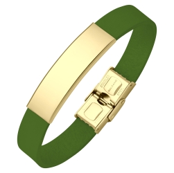 BALCANO - Zöld színű bőr karkötő, gravírozható, téglalap alakú 18K arany bevonatú nemesacél fejrésszel