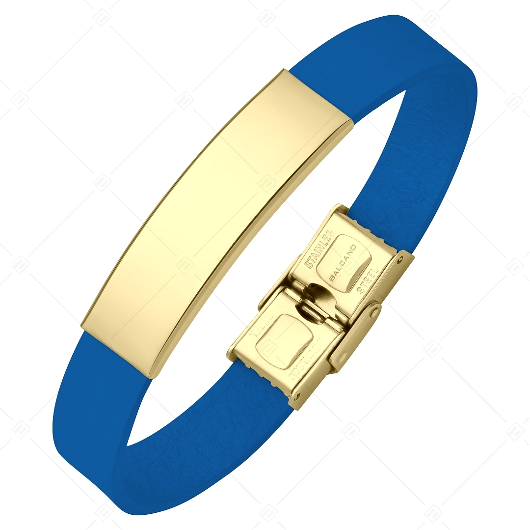 BALCANO - Kék színű bőr karkötő, gravírozható, téglalap alakú 18K arany bevonatú nemesacél fejrésszel (551088LT48)