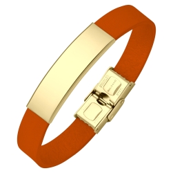 BALCANO - Narancs színű bőr karkötő, gravírozható, téglalap alakú 18K arany bevonatú nemesacél fejrésszel