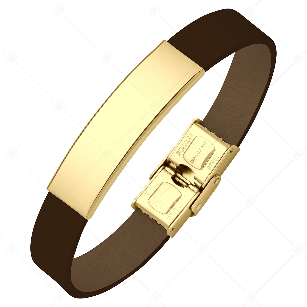 BALCANO - Sötét barna színű bőr karkötő, gravírozható, téglalap alakú 18K arany bevonatú nemesacél fejrésszel (551088LT69)
