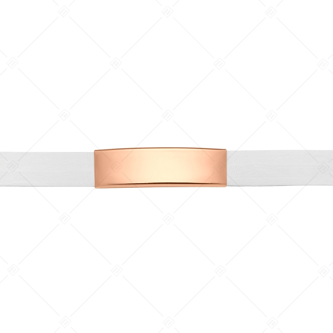 BALCANO - Fehér színű bőr karkötő, gravírozható, téglalap alakú 18K rozé arany bevonatú nemesacél fejrésszel (551096LT00)