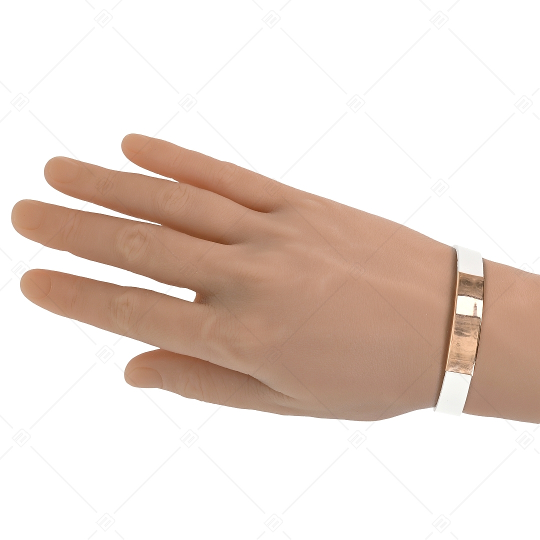 BALCANO - Fehér színű bőr karkötő, gravírozható, téglalap alakú 18K rozé arany bevonatú nemesacél fejrésszel (551096LT00)