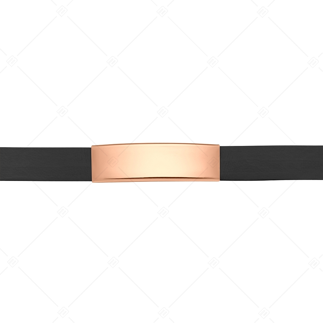 BALCANO - Fekete színű bőr karkötő, gravírozható, téglalap alakú 18K rozé arany bevonatú nemesacél fejrésszel (551096LT11)