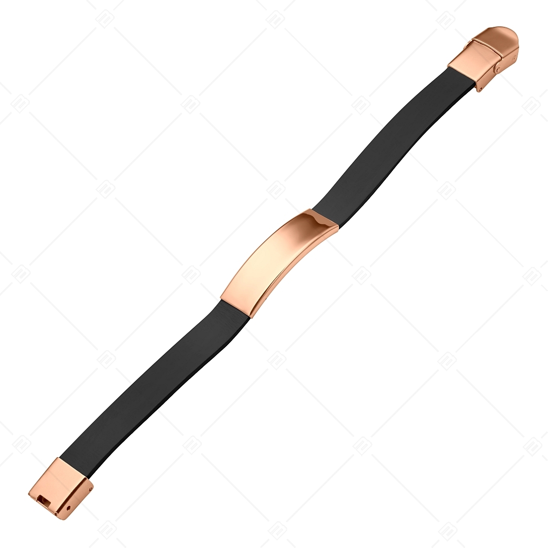 BALCANO - Fekete színű bőr karkötő, gravírozható, téglalap alakú 18K rozé arany bevonatú nemesacél fejrésszel (551096LT11)