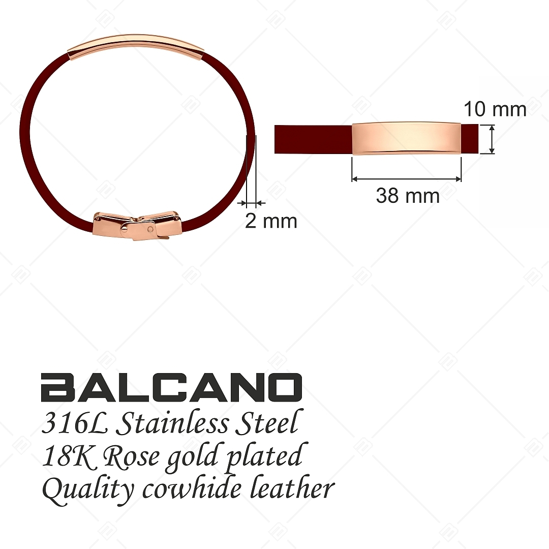 BALCANO - Bordó színű bőr karkötő, gravírozható, téglalap alakú 18K rozé arany bevonatú nemesacél fejrésszel (551096LT29)