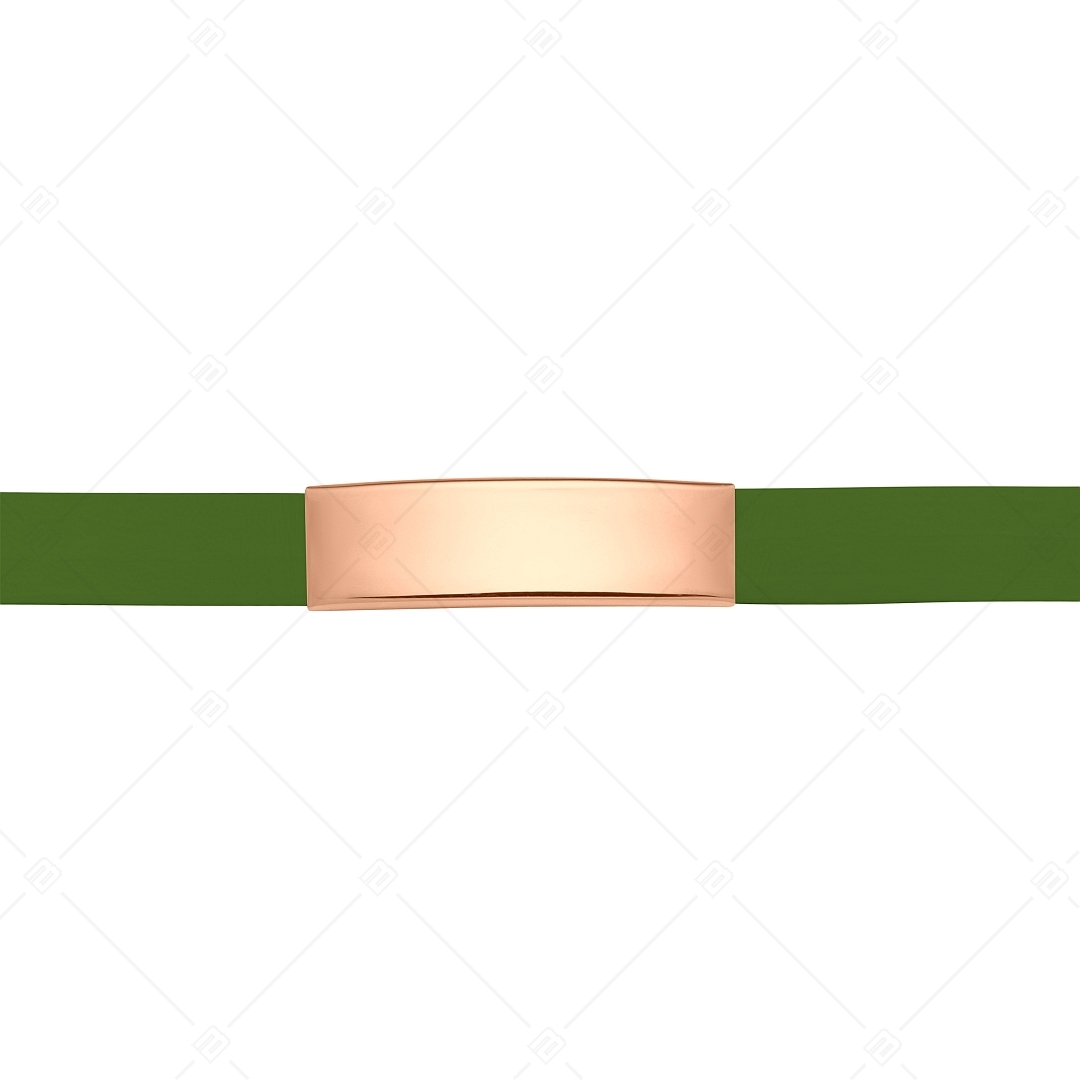 BALCANO - Zöld színű bőr karkötő, gravírozható, téglalap alakú 18K rozé arany bevonatú nemesacél fejrésszel (551096LT38)