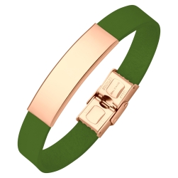 BALCANO - Zöld színű bőr karkötő, gravírozható, téglalap alakú 18K rozé arany bevonatú nemesacél fejrésszel