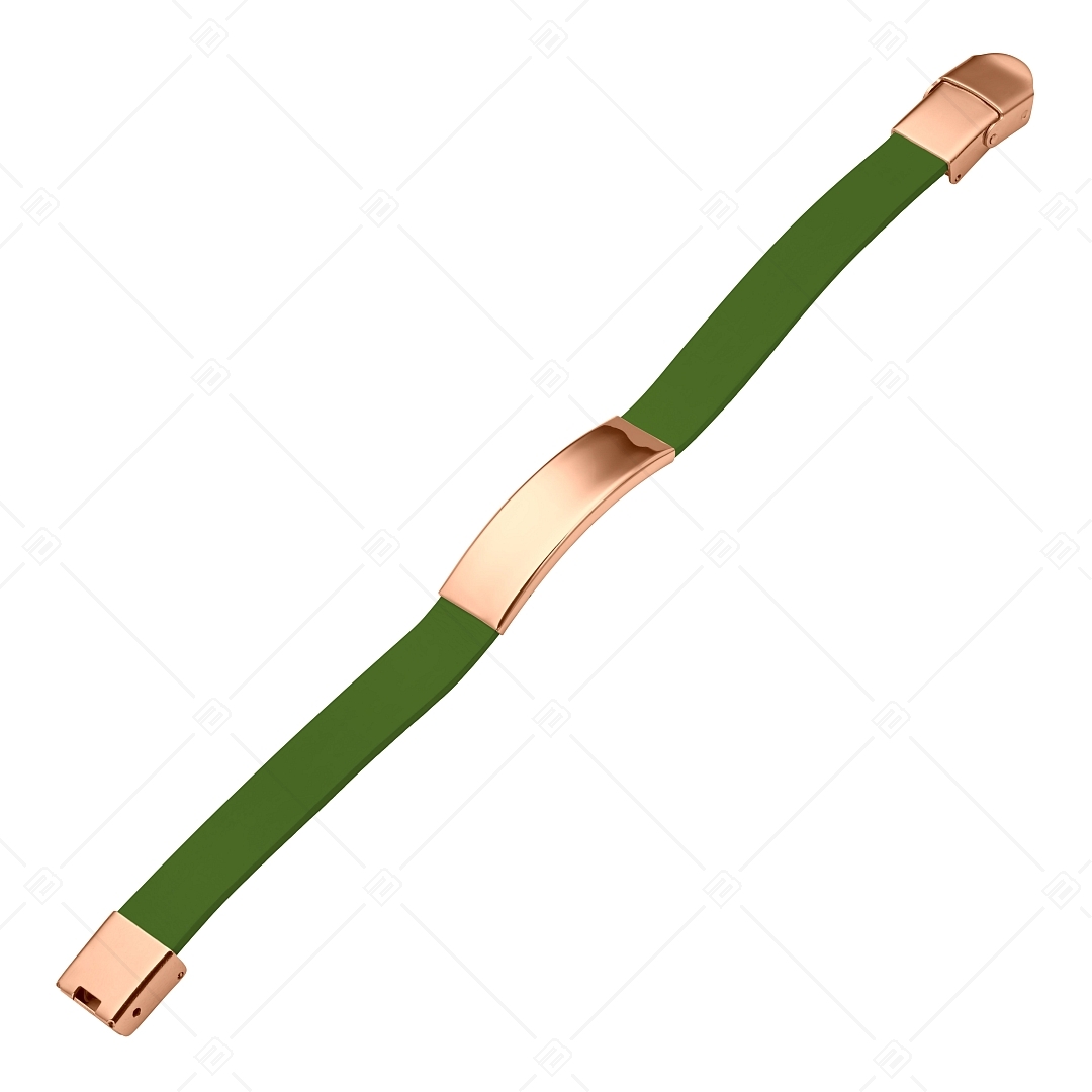 BALCANO - Zöld színű bőr karkötő, gravírozható, téglalap alakú 18K rozé arany bevonatú nemesacél fejrésszel (551096LT38)
