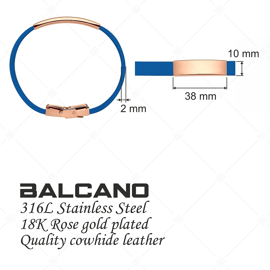 BALCANO - Kék színű bőr karkötő, gravírozható, téglalap alakú 18K rozé arany bevonatú nemesacél fejrésszel (551096LT48)